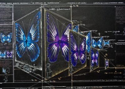 « LES PAPILLONS DE SCHRODINGER » L'œuvre est une variation du célèbre "chat de Schrödinger", mais dans ce cas la différence d'état est mise en valeur par le changement de couleur du papillon qui passe du bleu au violet, dans une branche de l'univers bleu et dans une autre violette.