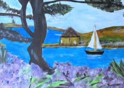 Bord de mer fleurs mauves (acrylique)40x40 cm