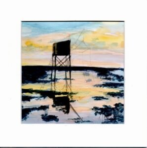 « Carrelet, La Prée, fin de journée» - Aquarelle et crayons sur papier Arche – 20x20cm (avec cadre)