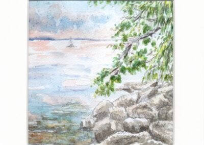 « Estavayer, lac de Neuchâtel » - Aquarelle et crayons sur papier Arche – 20x20cm (avec cadre)