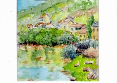 « Village en Vézère » - Aquarelle et crayons sur papier Arche – 20x20cm (avec cadre)