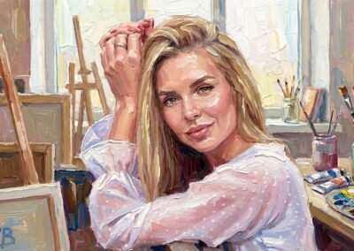 Découvrez le dernier autoportrait d'Artemis Irenäus von Baste. Une œuvre vibrante à la peinture à l'huile, capturant l'ambiance et les outils de son atelier.