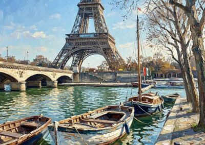 Artemis Irenäus von Baste peint et réinvente Paris et les quais de la Seine, de façon presque impressionniste, vibrante. Le tableau représente une scène sur un quai parisien dominé par la Tour Eiffel