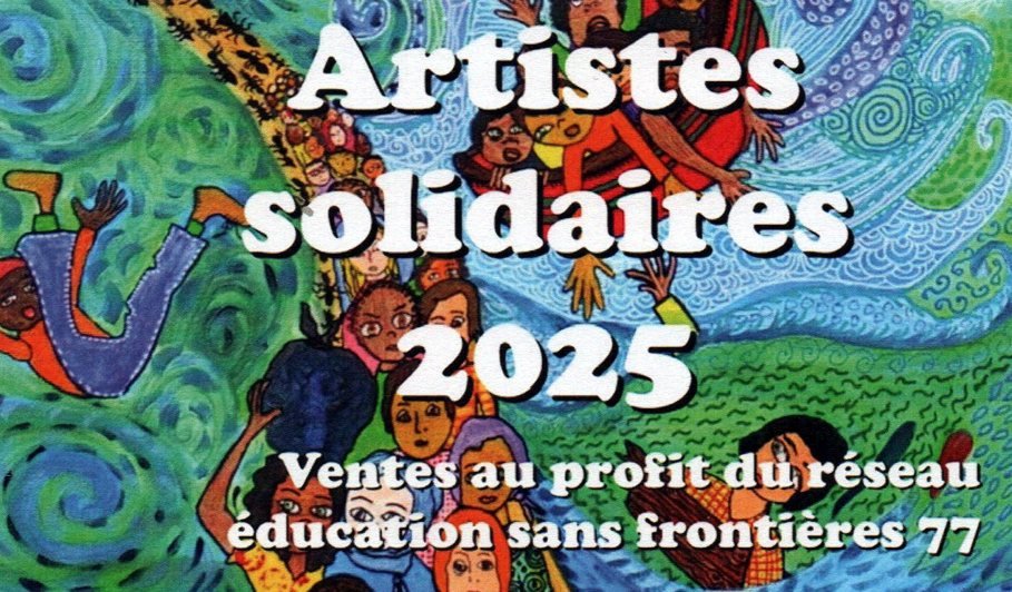 Flyer für d’Uusstellig Artistes Solidaires 2025 mit de Werke vo Isabelle Morin.