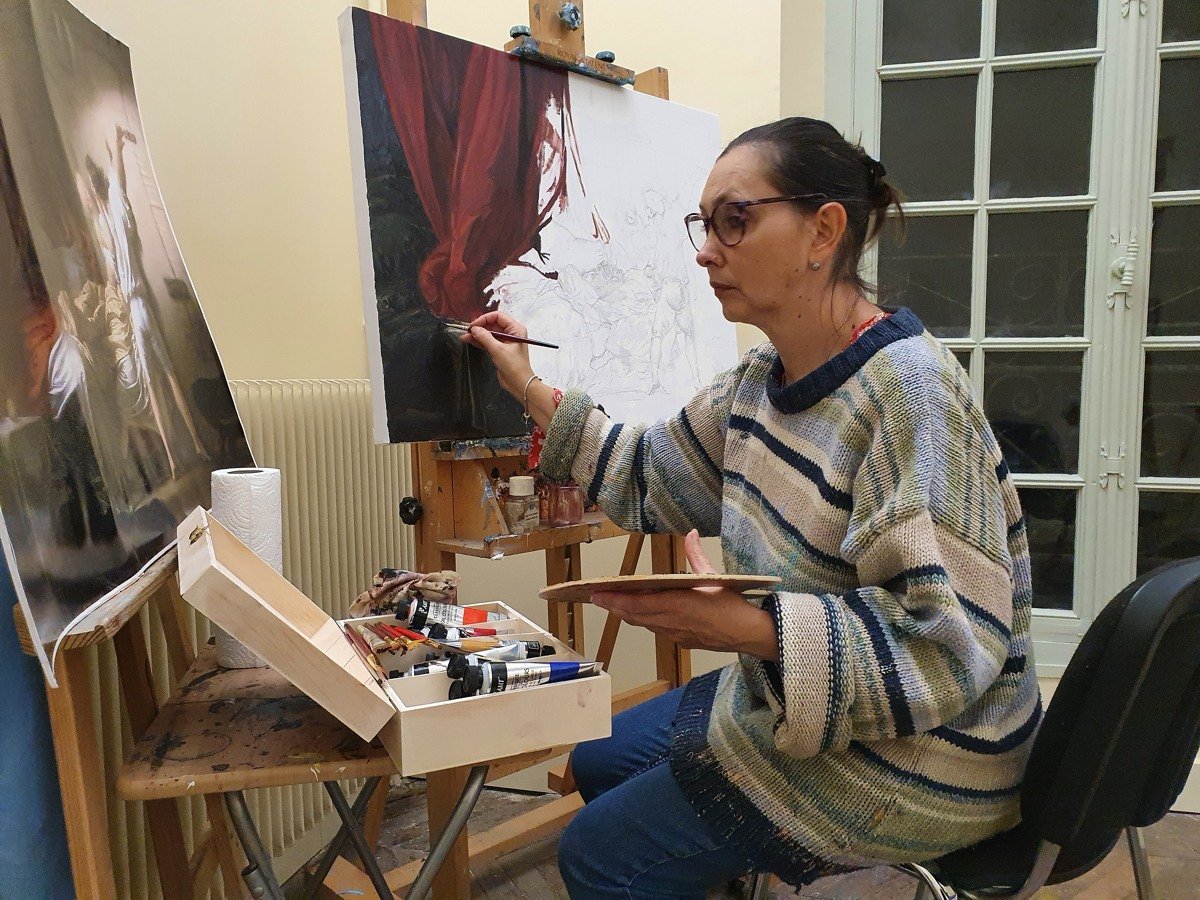 Isabelle Morin copie un tableau de Fragonard. 