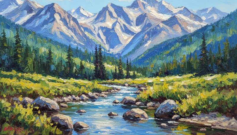 Artemis Irenäus von Baste, «Zwischen Weisshorn, Tiejer Flue und einem Teil des Guggernellgrats». Huile sur toile, 80x40cm.