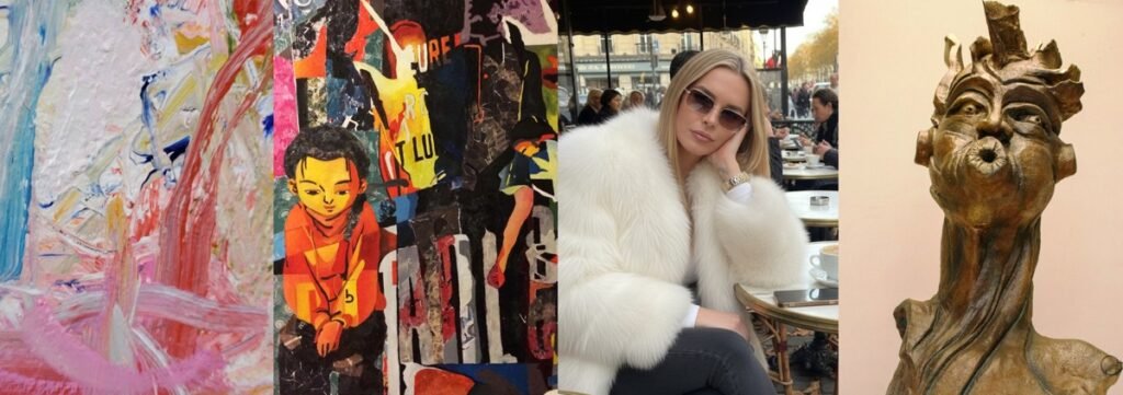 Bannière de galerie d'art en ligne composée de quatre sections : un gros plan d'une peinture abstraite texturée aux tons roses et blancs, une œuvre de type collage représentant un jeune garçon devant des graffitis, un portrait d'une femme élégante – Artemis Irenäus von Baste - à la terrasse d'un café portant un manteau blanc volumineux, et une sculpture en bronze expressive d'un visage soufflant.