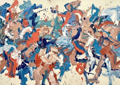 Sehr dynamisches Ölgemälde im Querformat. Chaotische Komposition aus ineinander verschlungenen Figuren, dominiert von Hautrosa, leuchtendem Rot und Weiß, kontrastierend zu Formen mit kobaltblauen und dunkelgrünen Konturen. Starke braune Farbläufe.