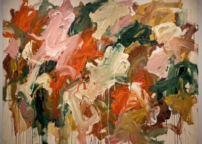 Peinture à l'huile très dense, format rectangulaire. Composition épaisse (impasto) et organique avec une palette de couleurs riches et automnales : orange vif, vert forêt, brun, jaune ocre et rose chair. Les coups de pinceau sont enchevêtrés, évoquant une végétation luxuriante et dense.