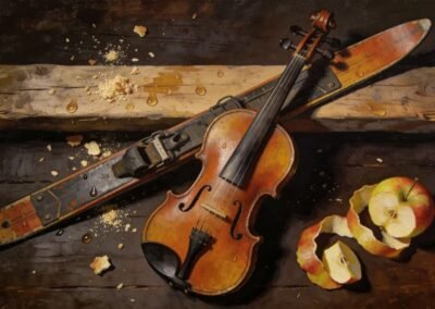 Peinture à l'huile hyperréaliste nature morte bois violon instrument musique ski ancien pomme pelée miettes gouttes d'eau grange grenier atelier rustique ambiance sombre.