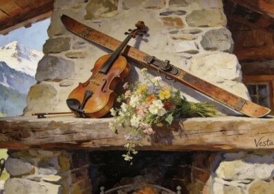 Peinture à l'huile chalet Arosa nature morte violon instrument musique ski ancien bois cheminée pierre bouquet fleurs sauvages montagnes neige paysage alpin ambiance chaleureuse. Projet pour un média grison.