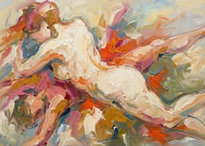 Peinture à l'huile figurative et expressive, format panoramique (120x60cm). Nu féminin central aux teintes blanches crémeuses, étendu ou en suspension, entouré de coups de pinceau épais de rose, d'orange vif et de jaune clair. Composition très lumineuse et sensuelle.