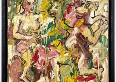 Peinture à l'huile très dynamique, format carré. Composition chaotique de figures entremêlées, dominée par le rose chair, le jaune vif, le blanc, contrastant avec des formes en contour. Fortes coulures de peinture brune.