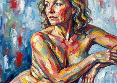 Dans ce tableau, Anja Dallenbach revient à la figuration et peint le portrait de son amie Karolina Kohlheim. Karolina Kohlheim est modèle pour des artistes peintres.