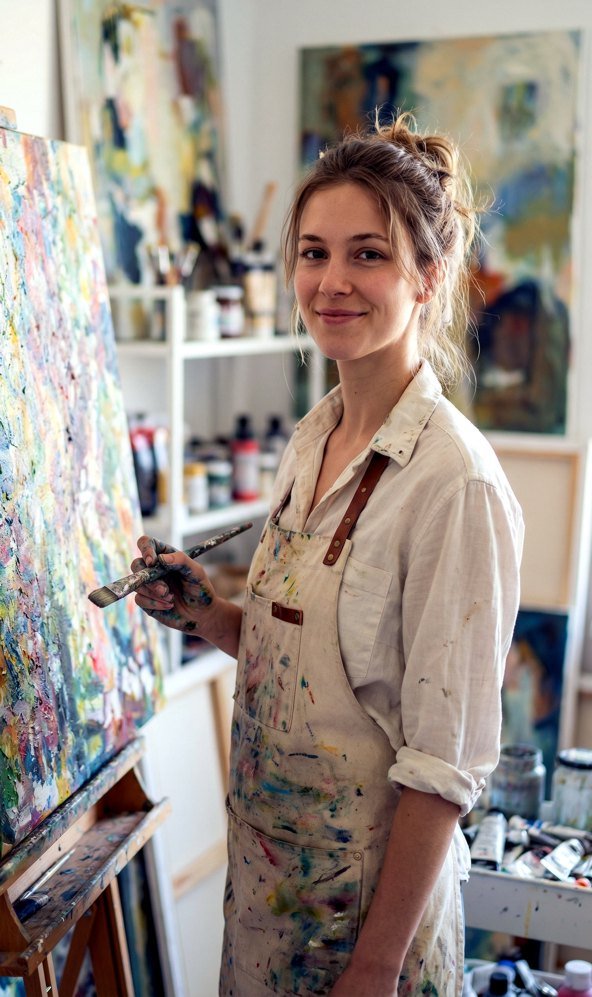 Anja Dallenbach est une artiste qui pratique la peinture à l’huile sur toiles. Elle est originaire de Suisse, dans le canton de Lucerne. Elle est ici dans son atelier devant une de ses œuvres. 