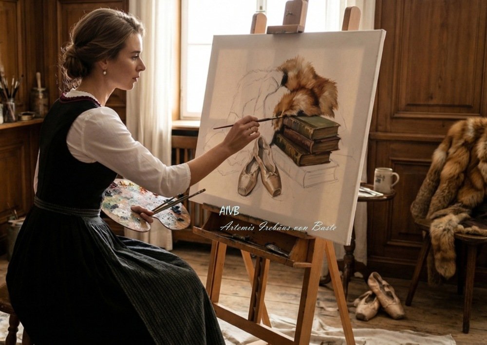 Artemis Irenäus von Baste - AIVB - travaille dans son atelier de Chur, dans Jochstrasse. Elle peint sur toile. 