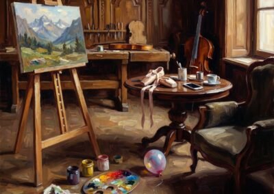 Cette œuvre est une scène d'intérieur ou une nature morte d'atelier à la peinture à l’huile qui évoque les maîtres hollandais par son jeu de lumière et son traitement réaliste, tout en utilisant une technique de peinture riche et empâtée, typique de l'impressionnisme ou du post-impressionnisme contemporain. Le style est à la fois classique et vivant.