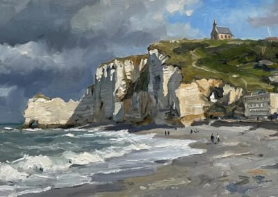Une peinture à l'huile par Artemis Irenäus, lors d'un séjour à Etretat au printemps 2024