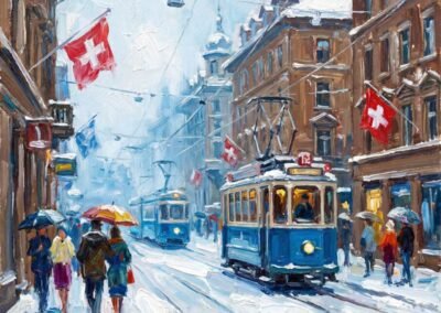 Ein Ölgemälde auf Leinwand von Artemis Irenäus von Baste. Dieses Gemälde entstand aus einer Reihe von Skizzen, die 2023 in Zürich angefertigt wurden. Es zeigt eine figurative Ansicht der Stadt im Schnee. Diese Szene ist frei erfunden.