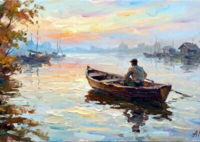 Impressionistisches Ölgemälde, das einen Fischer in einem Holzboot auf einem ruhigen Fluss bei Sonnenuntergang in der Charente-Maritime darstellt.