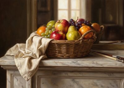 Stillleben in Öl, das einen Obstkorb (Äpfel, Birnen, Trauben) auf einem Kaminmantel aus weißem Marmor darstellt, zusammen mit einem Geigenbogen.