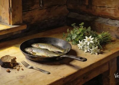 Nature morte avec deux truites dans une poêle, des edelweiss et du pain, posés sur une table en bois dans l'intérieur d'un chalet de montagne.