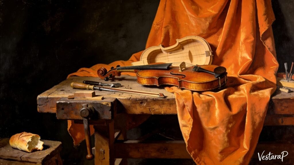 Nature morte représentant un violon, un archet et des outils de luthier sur un établi en bois, drapés d'un tissu orange vif.
