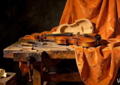 Nature morte représentant un violon, un archet et des outils de luthier sur un établi en bois, drapés d'un tissu orange vif.