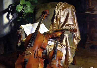 Nature morte représentant un violoncelle, un violon et un alto posés près d'un fauteuil, avec des partitions et un drapé doré.