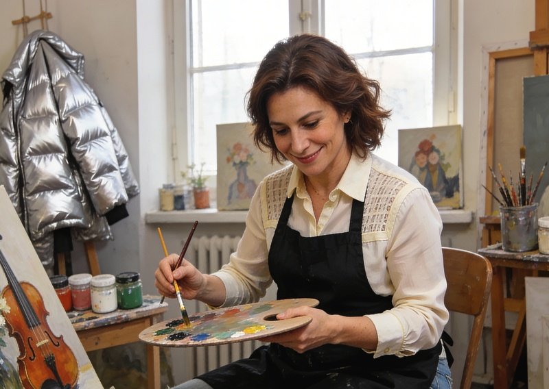 Vestara Psod in ihrem Atelier, das sie sich mit anderen Malern teilt, bei der Auswahl ihrer Farben. Für Vestara ist das Stillleben eine Ausdrucksform, die bedeutet, dass leblose Objekte ihr eigenes Leben, ihre eigene Identität haben.