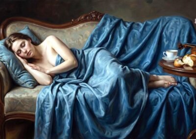 Ölgemälde einer schlafenden Frau auf einem blauen Sofa mit einer Geige, klassischer Stil von Vestara Psod. Nach den Tonleitern, Öl auf Leinwand, 120 x 70 cm, 2025. Dieses Werk ist wunderschön. Es strahlt eine tiefe Gelassenheit aus und besticht durch die bemerkenswerte Darstellung der blauen Stoffbahnen, die einen Kontrast zur Wärme des Holzes bilden. Der Originaltitel deutet auf das Ende einer Trainingseinheit hin, was dieser ansonsten sehr klassischen Szene einen sehr menschlichen und alltäglichen Charakter verleiht.