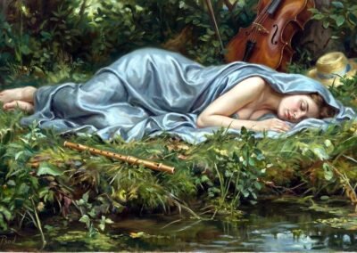 Ölgemälde einer schlafenden Frau am Wasser mit einem Cello und einer Flöte, klassischer Stil von Vestara Psod.