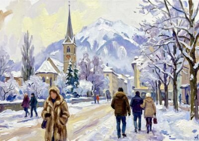 Ölfarbe auf Acryl, gemalt auf Leinwand, nach Skizzen aus der Natur rekonstruiert. Die Szene zeigt einen Tag in Chur im Kanton Graubünden mit der Martinskirche im Hintergrund.