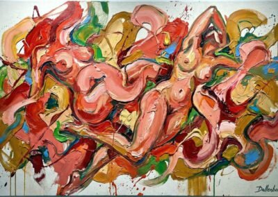 Ölgemälde auf Leinwand von Anja Dallenbach mit dem Titel „Das Echo der Haut“. Expressionistische Komposition mit ineinander verschlungenen weiblichen Aktfiguren, dynamischen pastosen Pinselstrichen, warmen Farben (Rot, Ocker) und grünen Kontrasten.