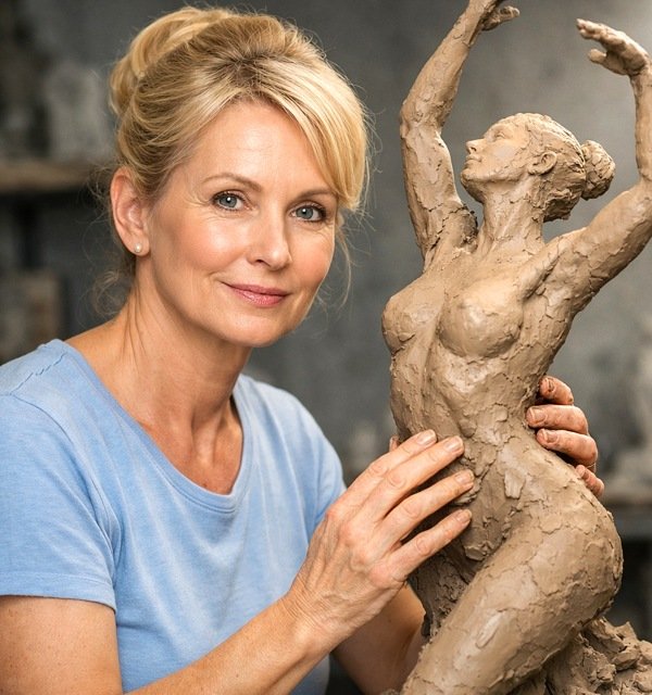 Ayla Woss ist ehemalige Balletttänzerin und Bildhauerin. Hier posiert sie in ihrem Atelier in Bayern vor ihrem neuen Werk aus dem Jahr 2025. Ayla schafft figurative Skulpturen. 