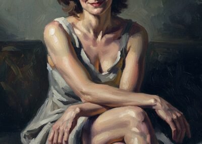 Peinture à l'huile portrait de femme assise Vestara Psod par Artemis Irenäus von Baste robe claire jambes croisées coups de pinceau visibles art figuratif contemporain grand format regard bienveillant.