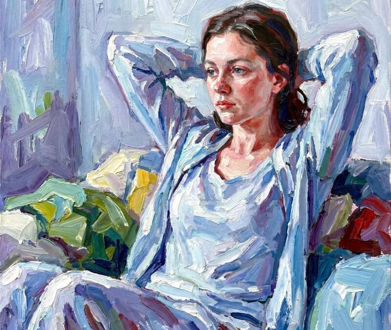 : Peinture figurative de Valaine de Ranson - Art Suisse.Portrait expressionniste par Valaine de Ranson - Jeune femme au pyjama bleu, huile sur toile - Renouveau de la peinture figurative en Suisse.