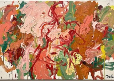 Expressionistisches Ölgemälde von Anja Dallenbach, „Dieses Thema gehört nur den Frauen“. Dynamische Komposition weiblicher Akte, dargestellt mit sehr dick aufgetragener Farbe (Impasto) und wilden Farben, die eine Wiederaneignung des weiblichen Körpers durch die Malerei symbolisieren.