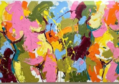 Horizons au Féminin : La Force de l'Interdépendance. Peinture panoramique huile sur toile Anja Dallenbach série moi une femme numéro 1 silhouettes féminines abstraites nues impasto jaune rose vert, 2025.