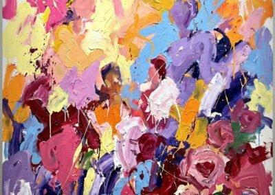 Éclats d’Identité : L’Unité dans la Pluralité. Peinture abstraite verticale Anja Dallenbach série moi une femme 2025 empasto rose jaune bleu bordeaux identité féminine mouvement vertical.