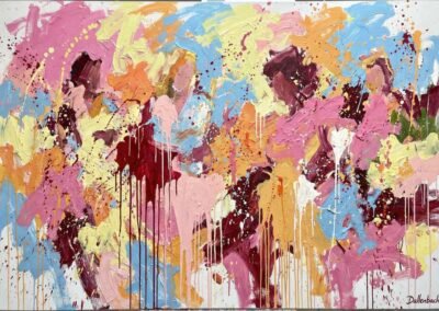 Peinture abstraite Anja Dallenbach impasto épais coulures couleurs rose jaune bleu bordeaux expressionnisme identité féminine artiste femme.
