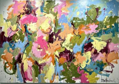 Peinture abstraite Anja Dallenbach couleurs vert rose jaune bleu impasto coulures identité féminine relation nature.