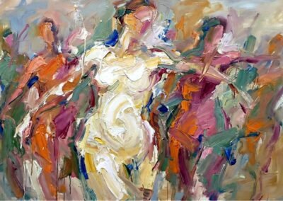 Peinture à l'huile sur toile d'Anja Dallenbach intitulée "Wir Frauen". Composition expressionniste vibrante représentant un groupe de femmes en mouvement, avec une figure centrale lumineuse et des touches d'empâtement énergiques.