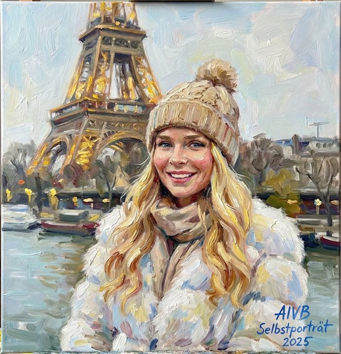 Dieses Ölgemälde auf Leinen, das im Dezember 2025 in Paris entstand, zeigt die Künstlerin Artemis Irenäus von Baste in einem Selbstporträt. 