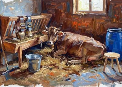 Dieses Ölgemälde auf Leinwand – „Kuh in ihrem Stall, in Passug“, Öl auf Leinwand – 2025" – war ein Auftrag eines Familienangehörigen für seinen Bauernhof. Es zeigt eine traditionelle Braunvieh-Kuh aus der Schweiz, die ruhig in ihrem Heu liegt.