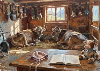 Peinture à l'huile vaches suisses Artemis Irenäus von Baste carnet croquis peluche bonnet enfant nature morte champêtre art figuratif contemporain.