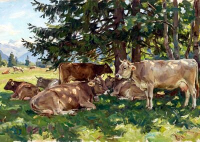 Dieses Ölgemälde zeigt eine typische Ansicht des Kantons Graubünden mit braunen Kühen auf einer Alm.