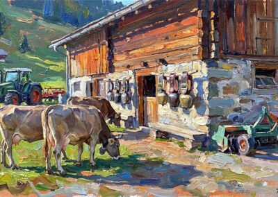 Draußen vor dem Stall ist ein Ölgemälde auf Leinen, das für die Familie Stiegler angefertigt wurde. Es stellt einen Moment im Frühling dar.