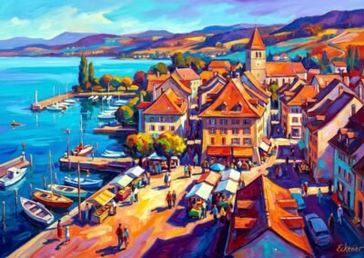 Peinture à l’huile d’Hugo Eckener offrant une vue aérienne du bourg de Nyon. Les toits en tuiles orange vif contrastent avec le bleu turquoise du lac Léman et les montagnes violettes. Un marché s'anime sur la place du port. Style post-impressionniste aux couleurs saturées.