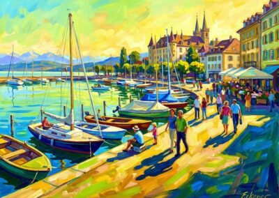 Peinture à l’huile d’Hugo Eckener montrant un bateau à vapeur de la CGN à quai au coucher du soleil. Les passagers se promènent sur le quai baigné d'une lumière orange et violette. Le lac Léman scintille sous un ciel rose et bleu. Style post-impressionniste structuré.